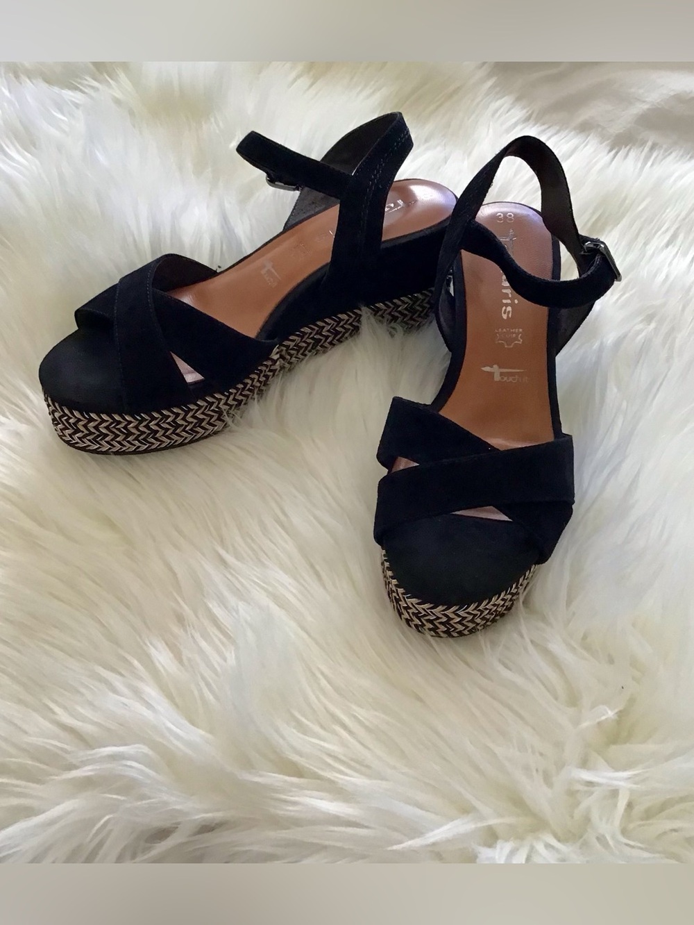 Tamari’s Black Suede Cross-Strap Wedge Sandals